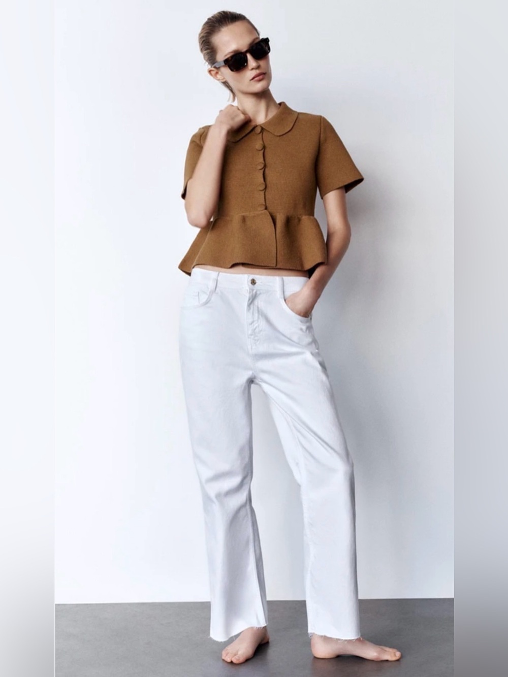 Zara Brown peplum short sleeve cardigan